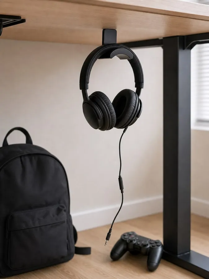 One headset hanging from a small under-desk hook while a backpack and controller remain nearby but not on the hook