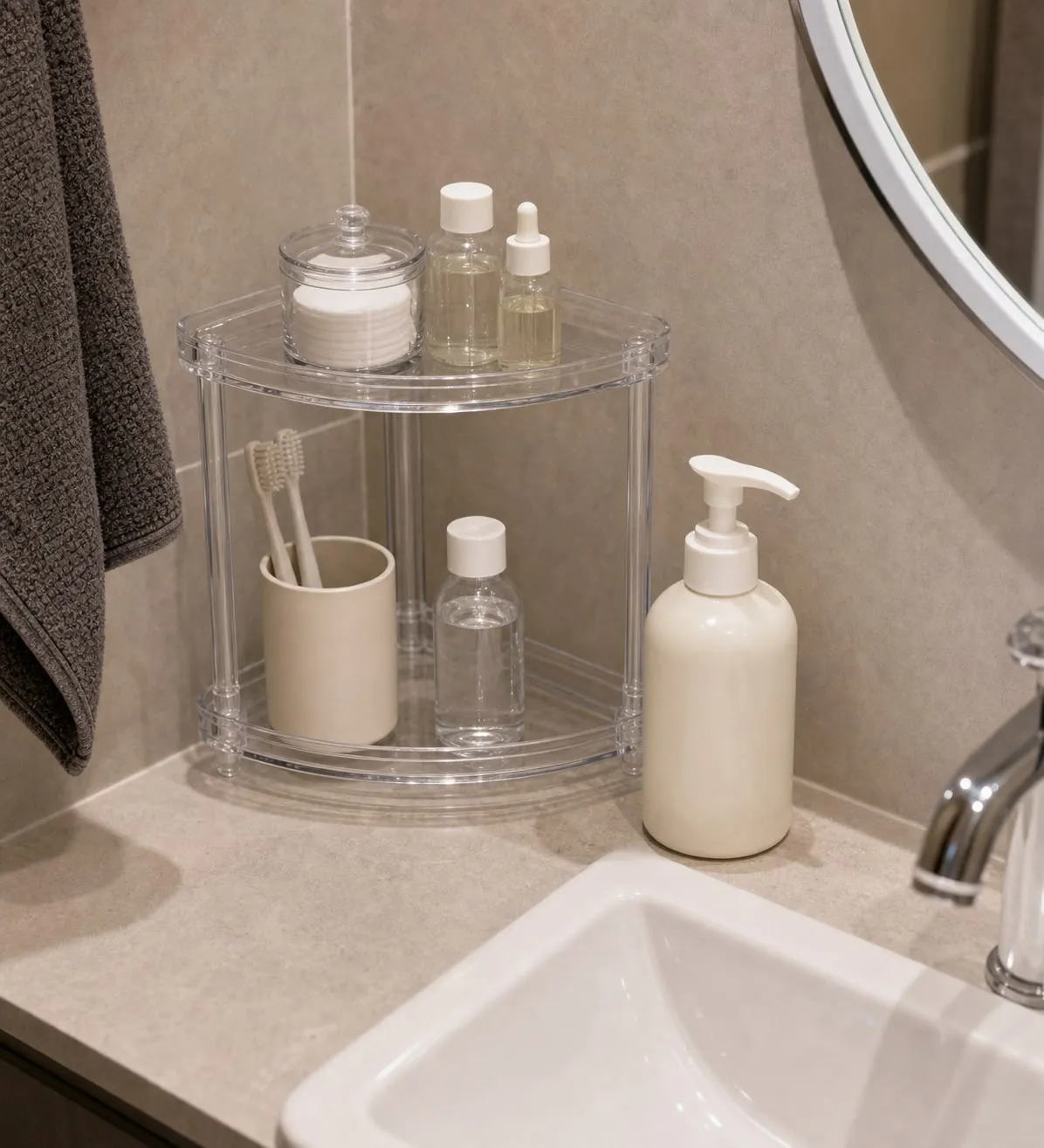 A clear acrylic two-tier shelf with small items on it while a larger pump bottle sits on the counter beside the shelf