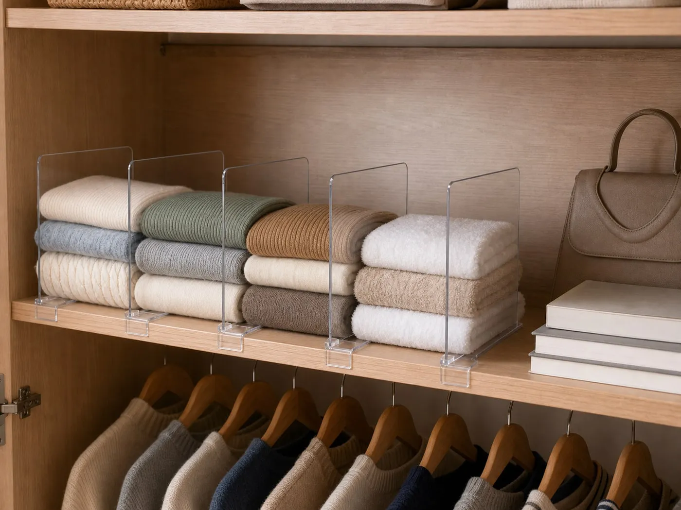 Clear shelf dividers separating folded clothes and towels while heavier items sit off to the side