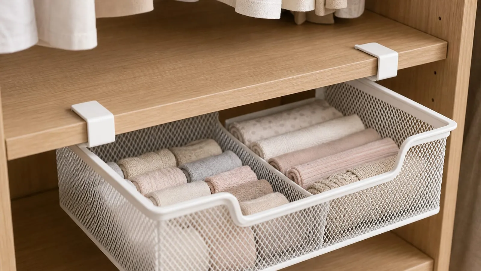 White mesh basket lightly loaded with socks, small towels, and scarves