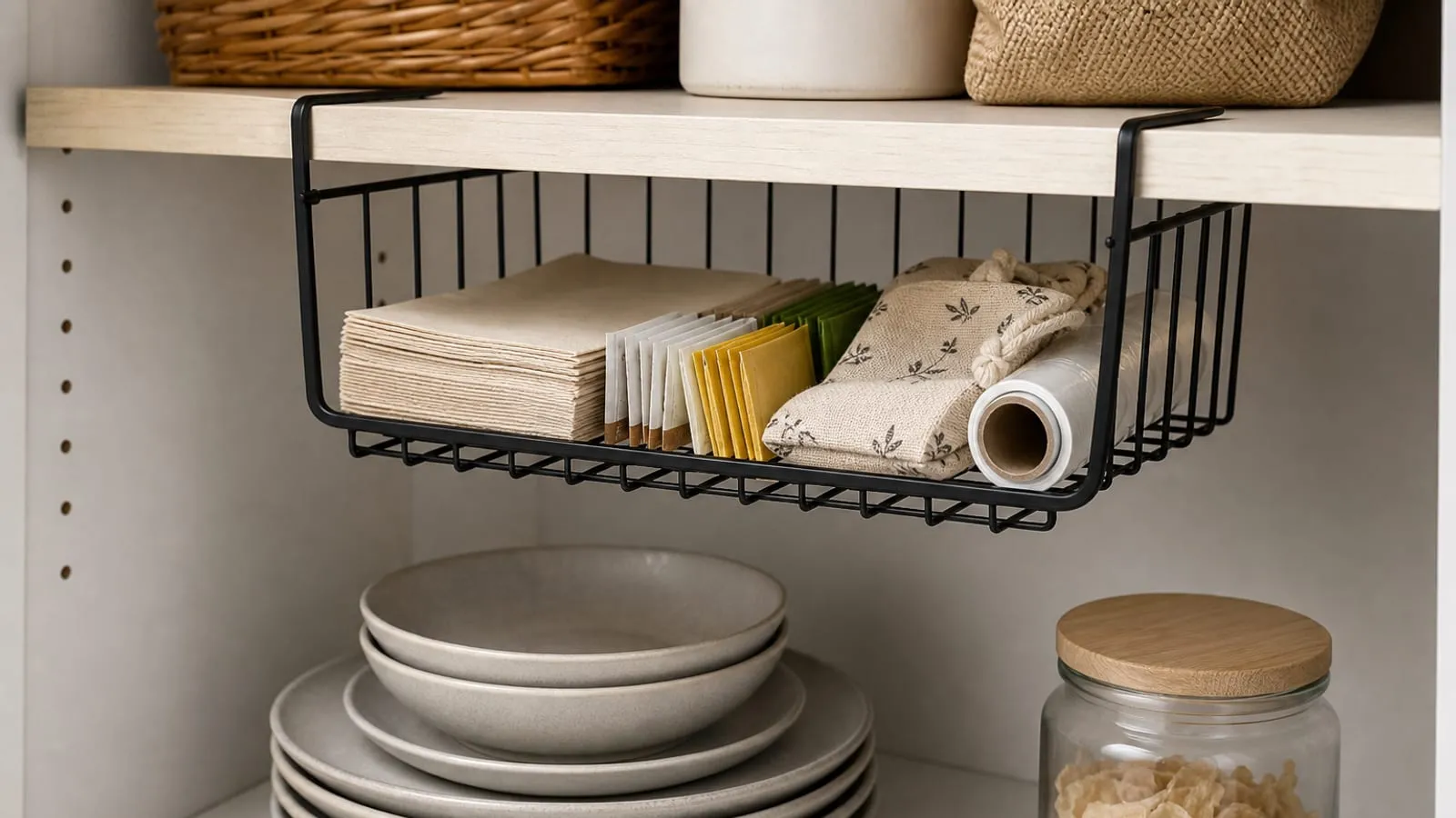 A black wire basket holding light items while plates and a jar stay on the fixed shelf below