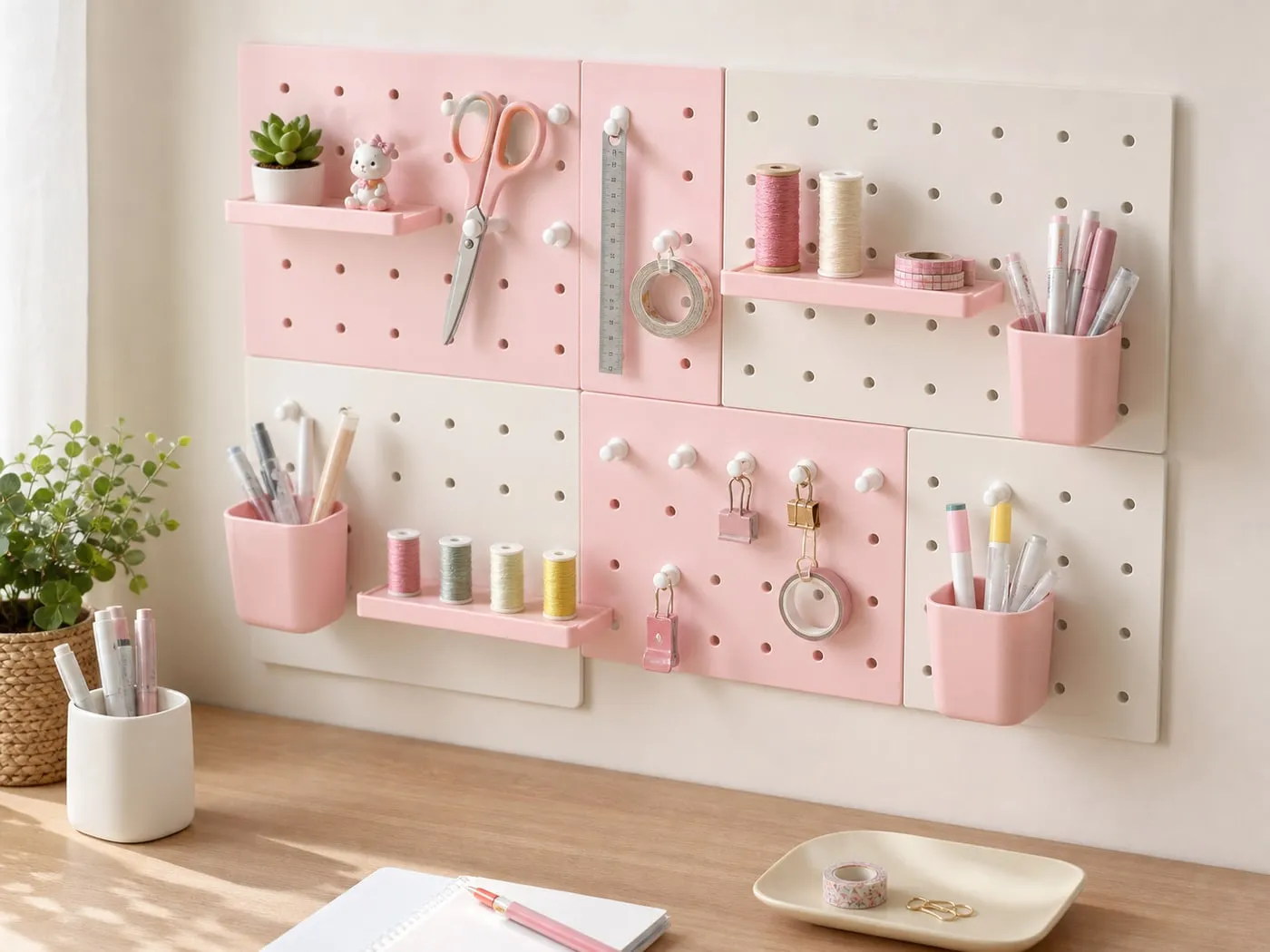 A white and pink pegboard holding scissors, tape, pens, and small craft items without overloading the hooks