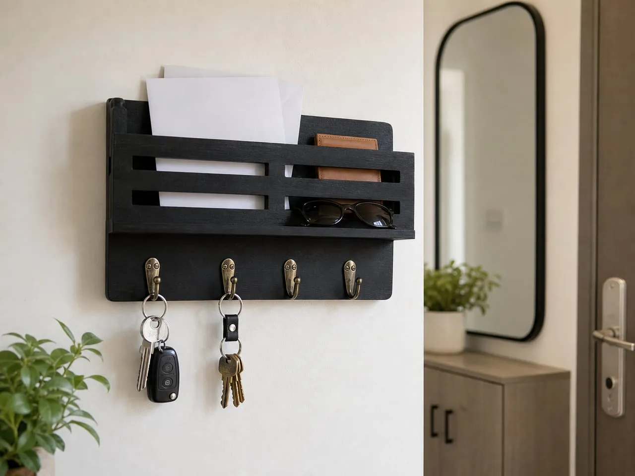 A lightly loaded black organizer holding blank envelopes, keys, and a small wallet