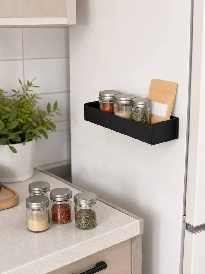 A black magnetic refrigerator rack holding only a few small sealed jars while extra jars remain on the counter below