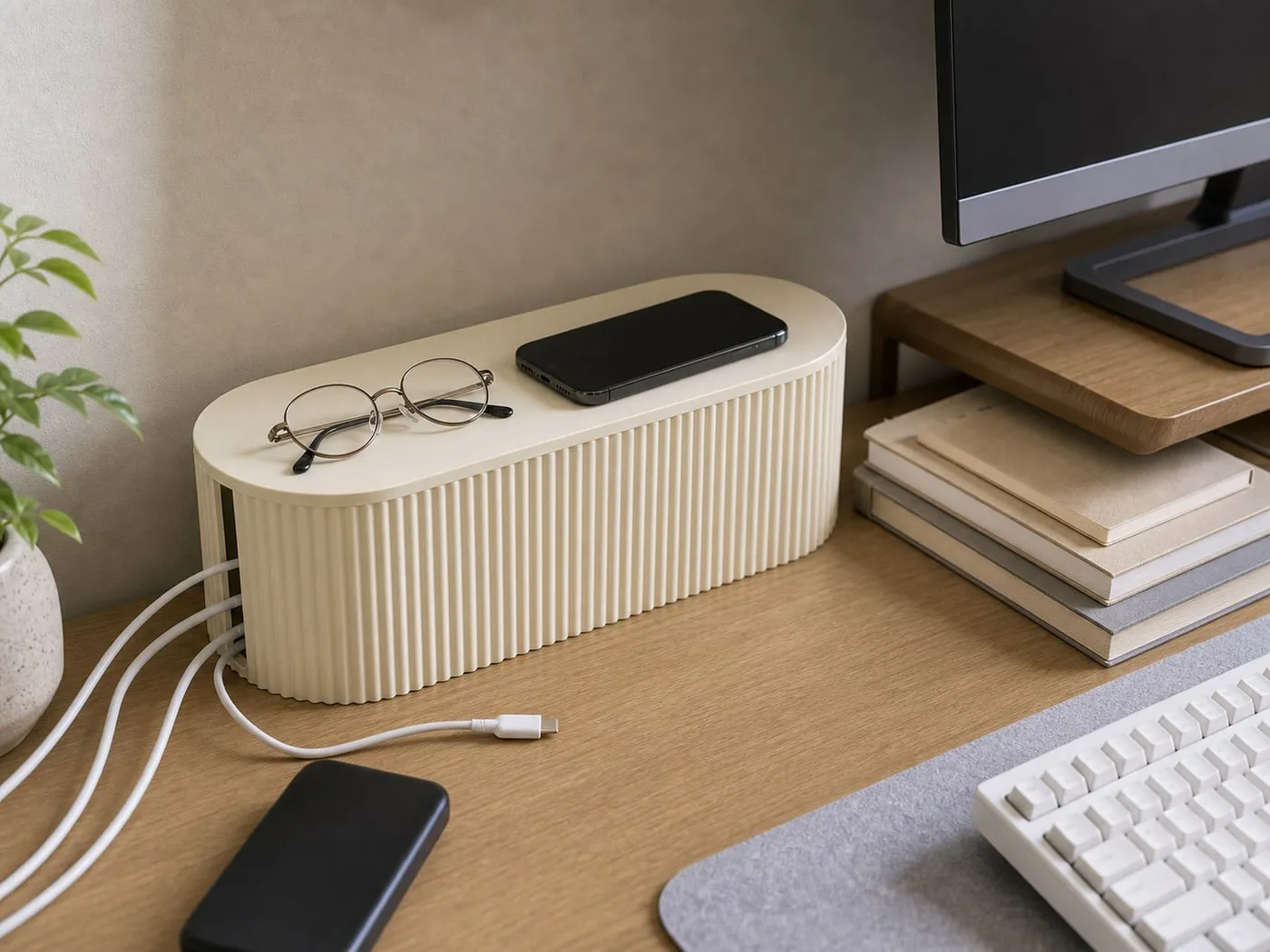 A cream ribbed cable organizer box used lightly with a phone and glasses on top while books are placed beside it