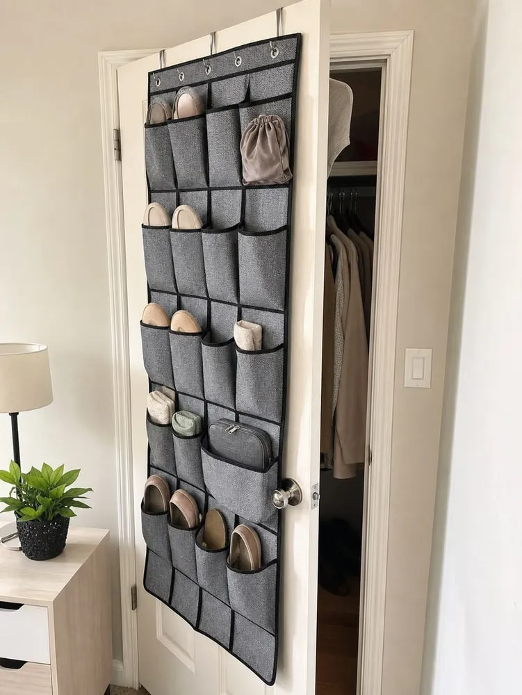 A grey door-hung shoe organizer lightly filled with slippers, sandals, folded socks, and a small pouch