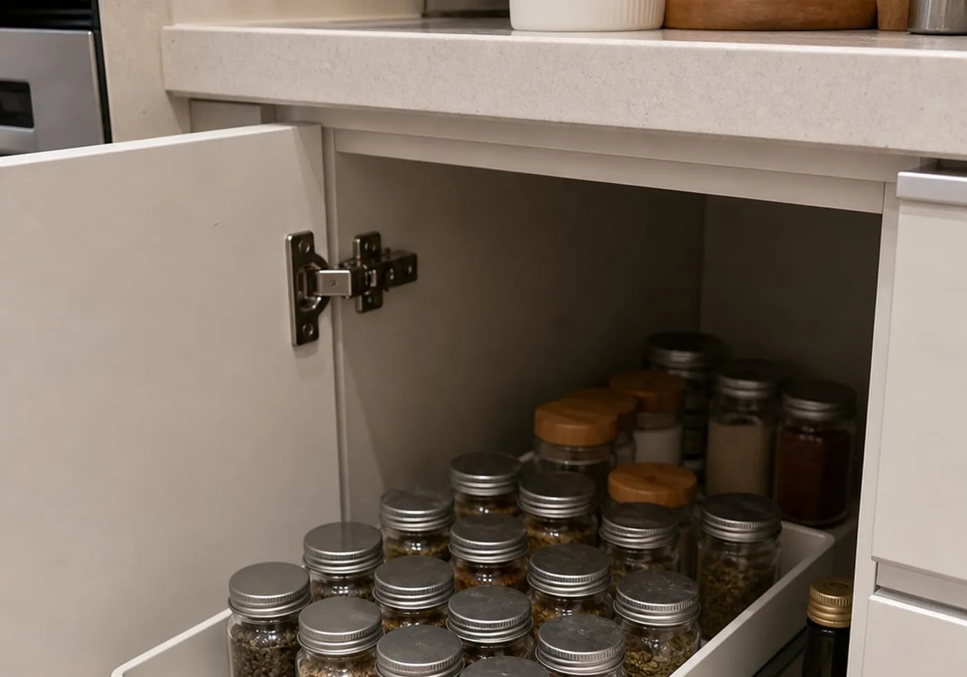 Closed spice jars spread evenly on a white pull-out tray, with a taller oil bottle left outside the tray nearby