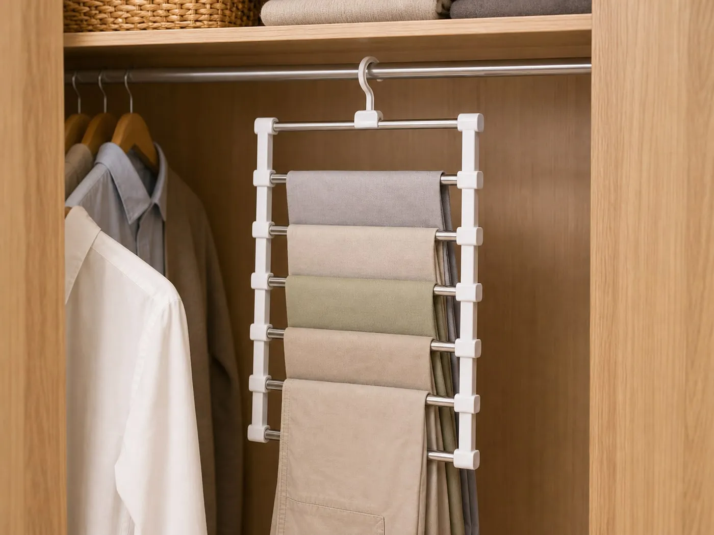 A white multi-layer pants hanger holding a few light trousers evenly across separate rods