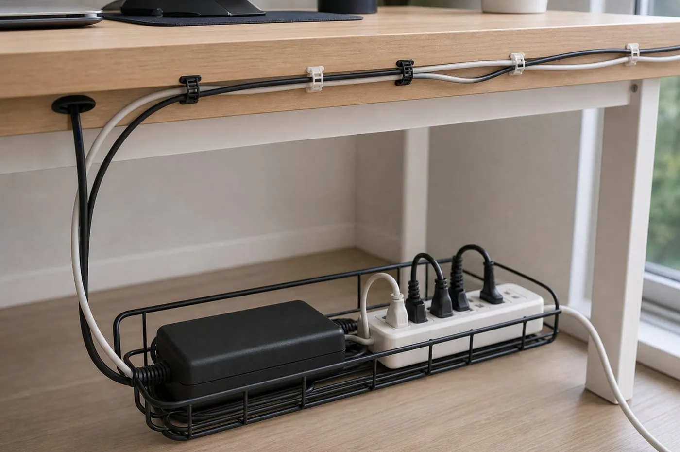 A power adapter and compact power strip resting in a tray while adhesive clips route only the thinner cable sections nearby