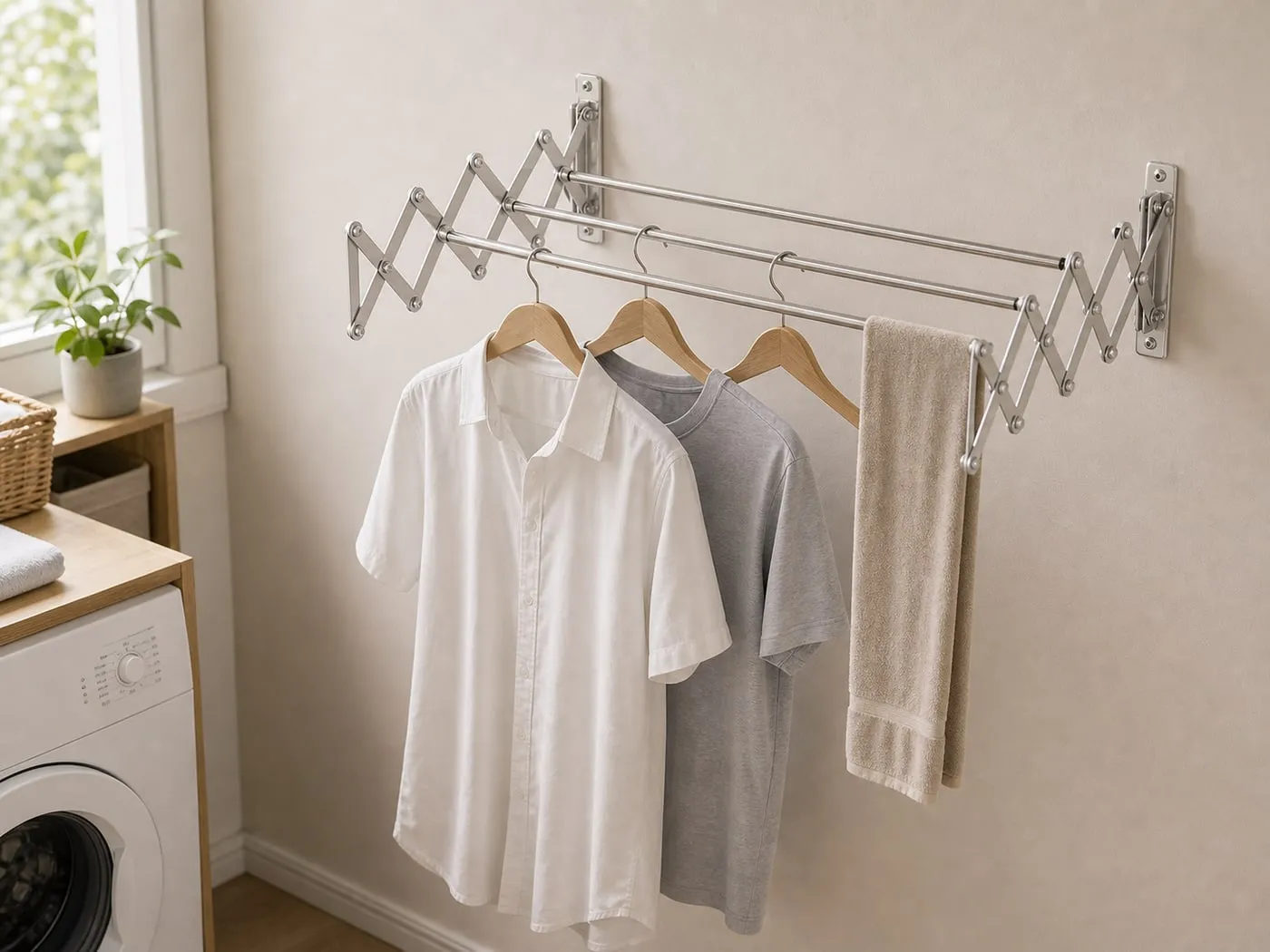 A folding wall clothes rail holding a few light shirts and one thin towel with empty space between hangers