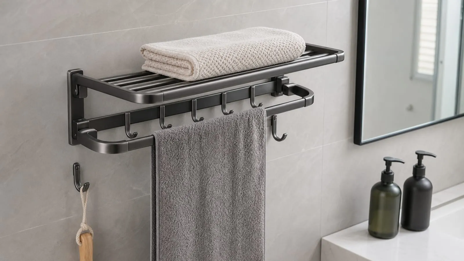A wet towel spread on the towel bar while heavy bottles sit on the sink counter instead of the rack