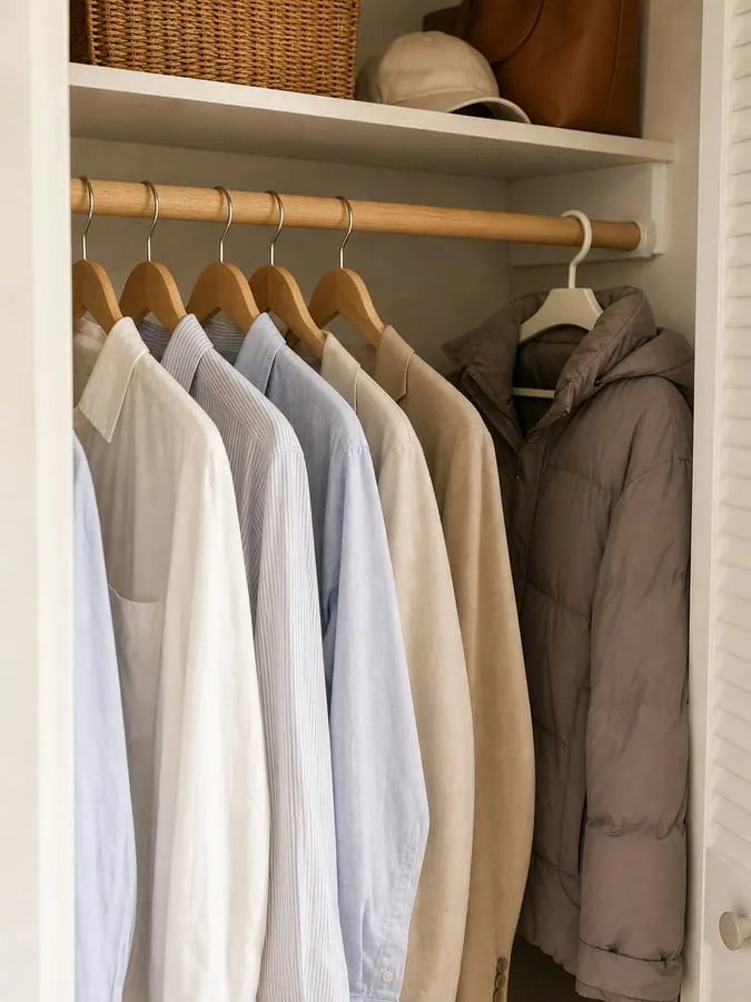 Wood hangers holding shirts and a light jacket while a bulky winter coat stays on a separate hanger at the side