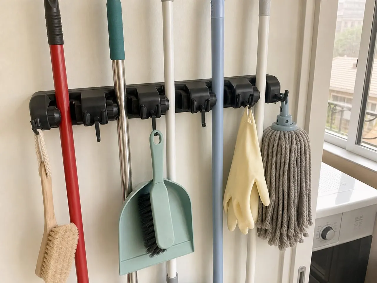 A black wall holder loaded with cleaning tools and small accessories