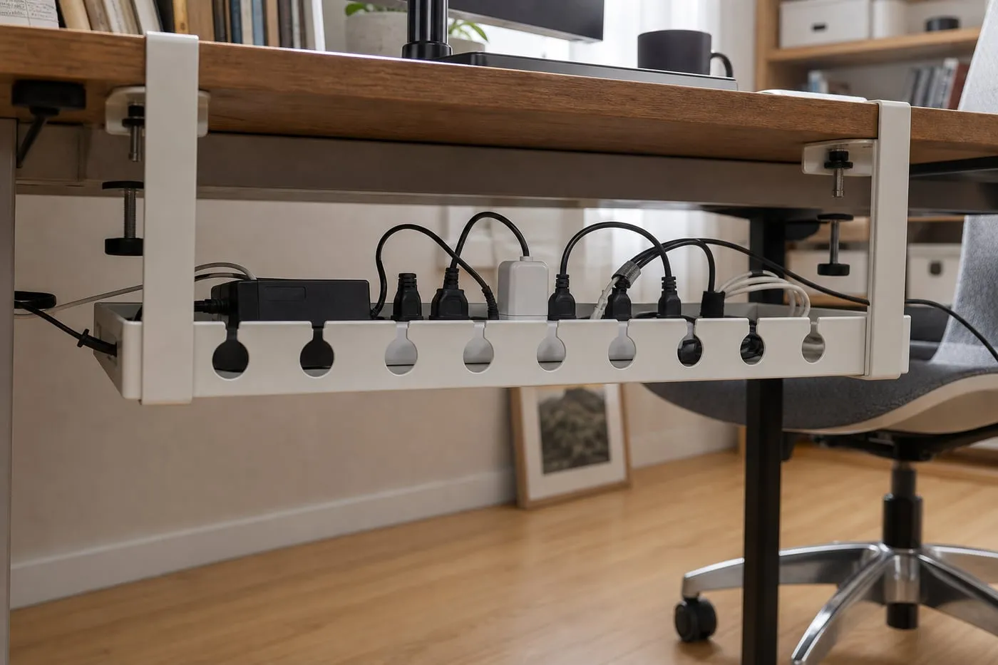 Open under-desk tray holding a power strip, charger, and cables