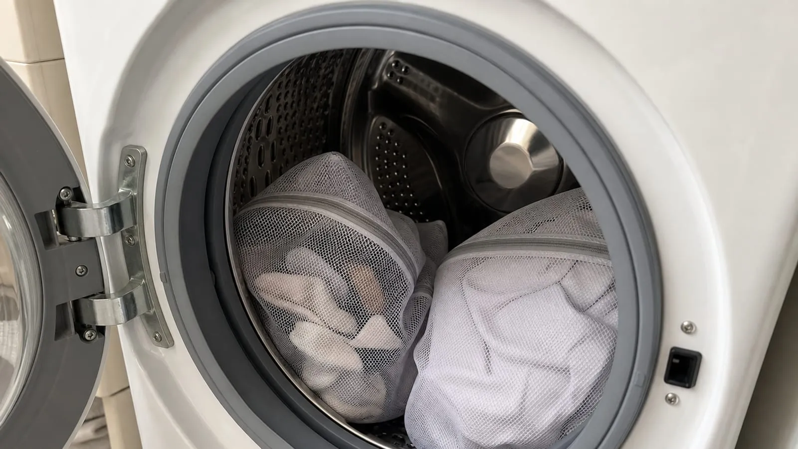 Two loosely filled white mesh laundry bags inside a front-load washing machine drum