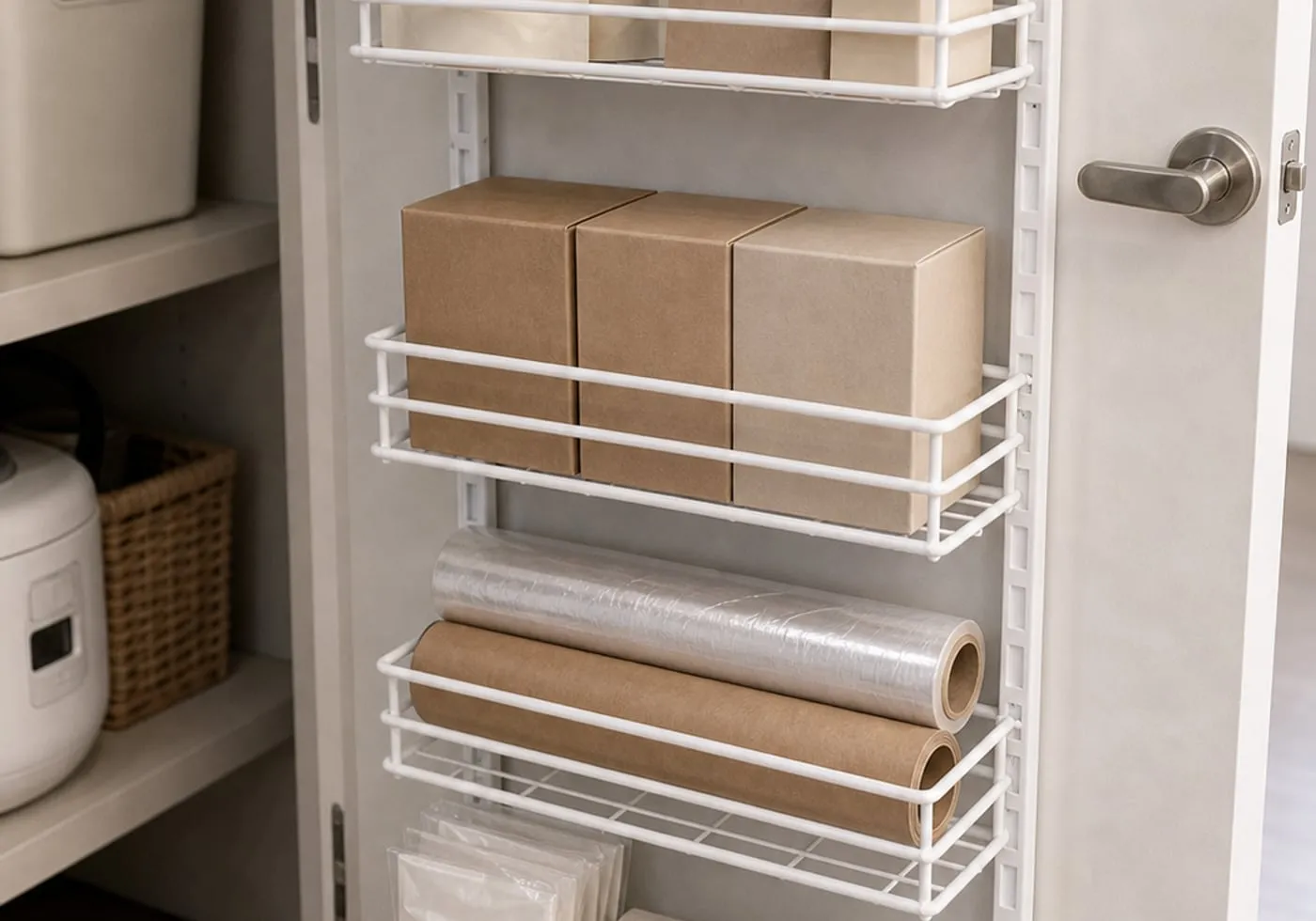 The lower baskets of a white metal over-door pantry rack holding plain boxes, wrap rolls, spare bags, and a few small blank jars with open space left around them