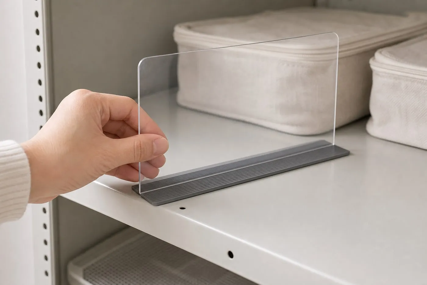 A hand placing a transparent magnetic shelf divider onto a painted metal shelf so the gray base strip sits flat