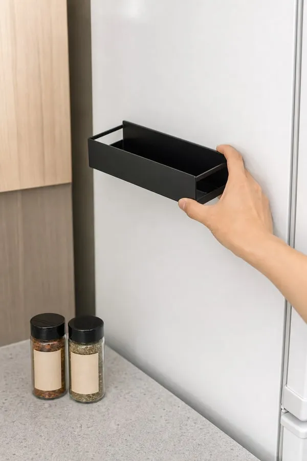 A hand placing an empty black magnetic rack onto the side of a white refrigerator for a magnet-fit check