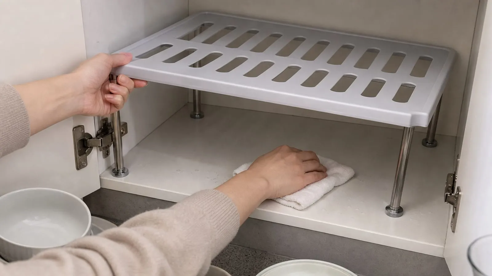 Wiping dust and moisture from under the feet of a cabinet shelf riser