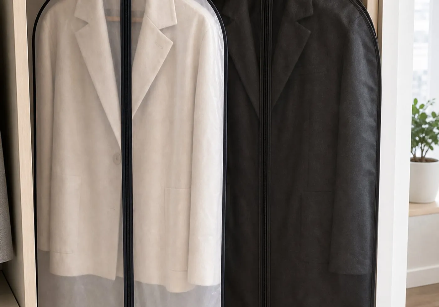 A transparent garment cover and a dark matte non-woven garment bag hanging side by side on the same closet rod