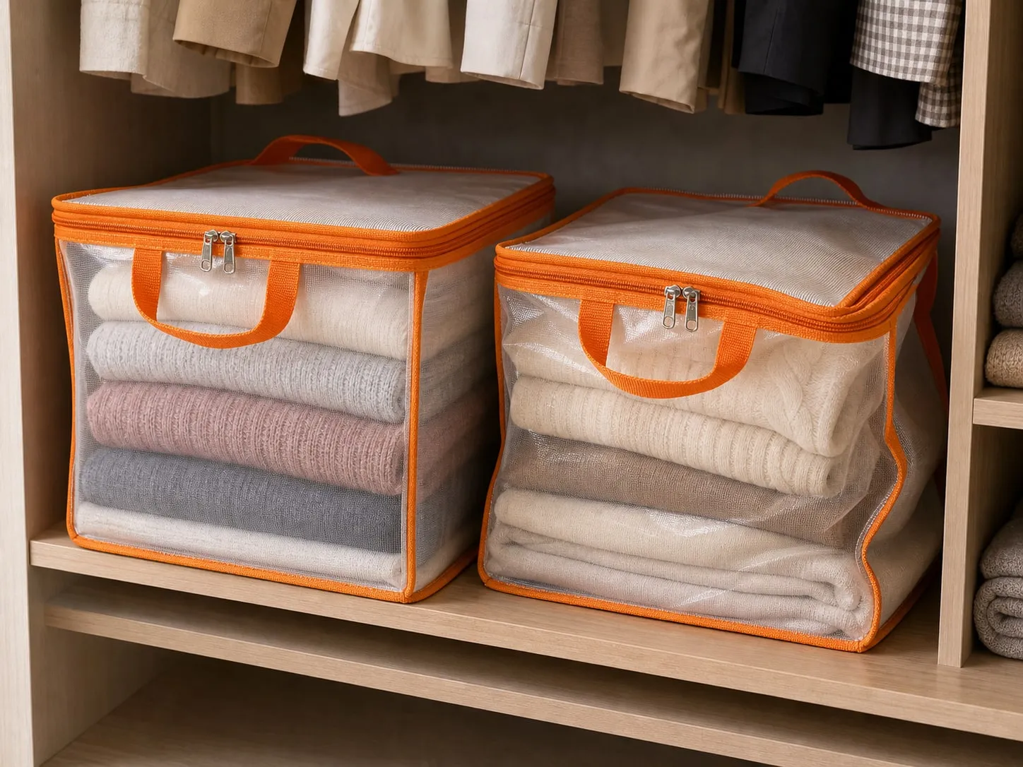 Two transparent zipper storage pouches on a closet shelf, one neatly filled and one slightly creased