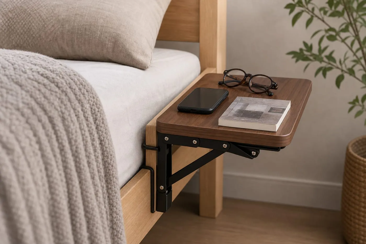 A side view of a clip-on bedside shelf attached to a wooden bed frame with visible clearance from the mattress and blanket