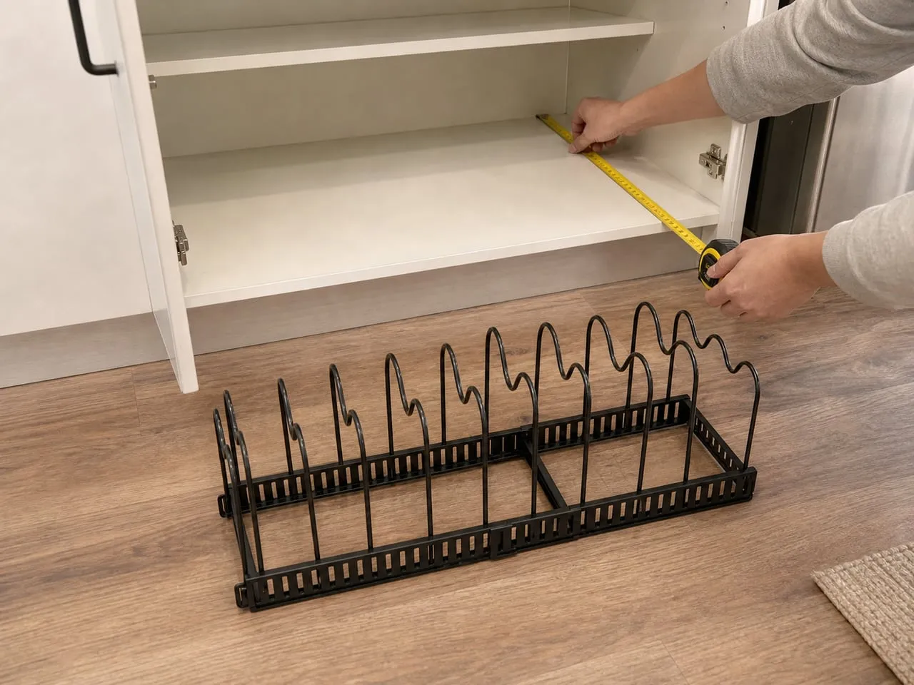 Measuring cabinet width and depth with the black organizer rack in front