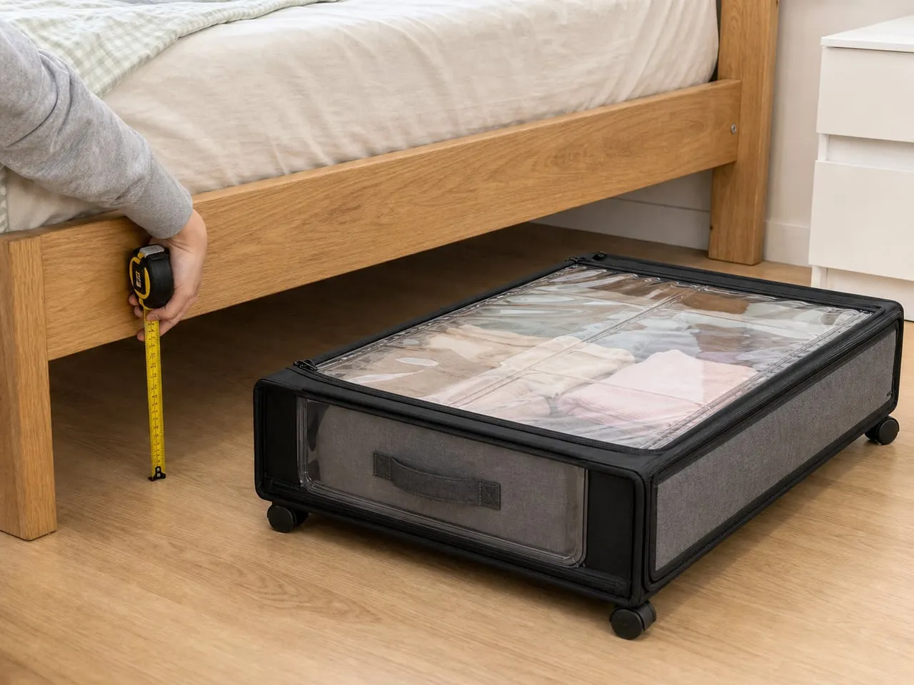 Measuring the clearance under a bed with the wheeled storage box nearby