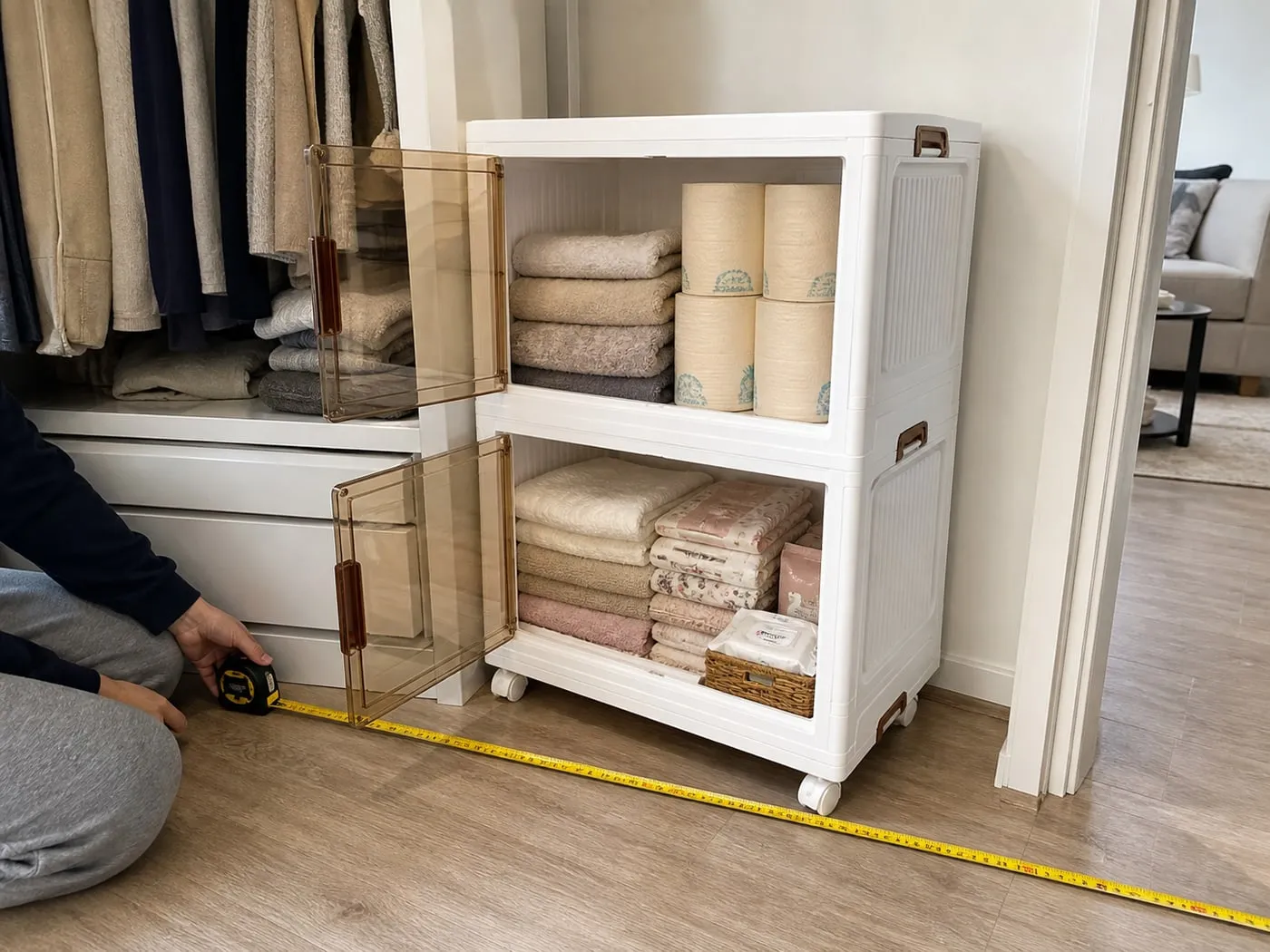 A measuring tape on the floor in front of white front-opening storage bins checking depth and door clearance