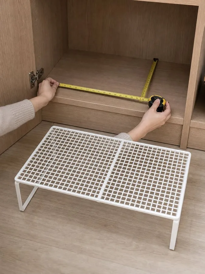 Hands measuring the inside width and depth of a wardrobe shelf with a white adjustable mesh shelf riser nearby