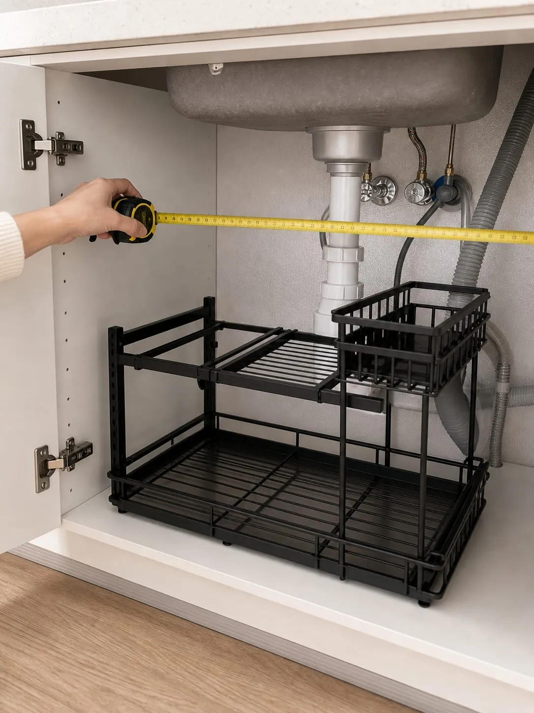 Checking cabinet width and pipe position before installing the shelf