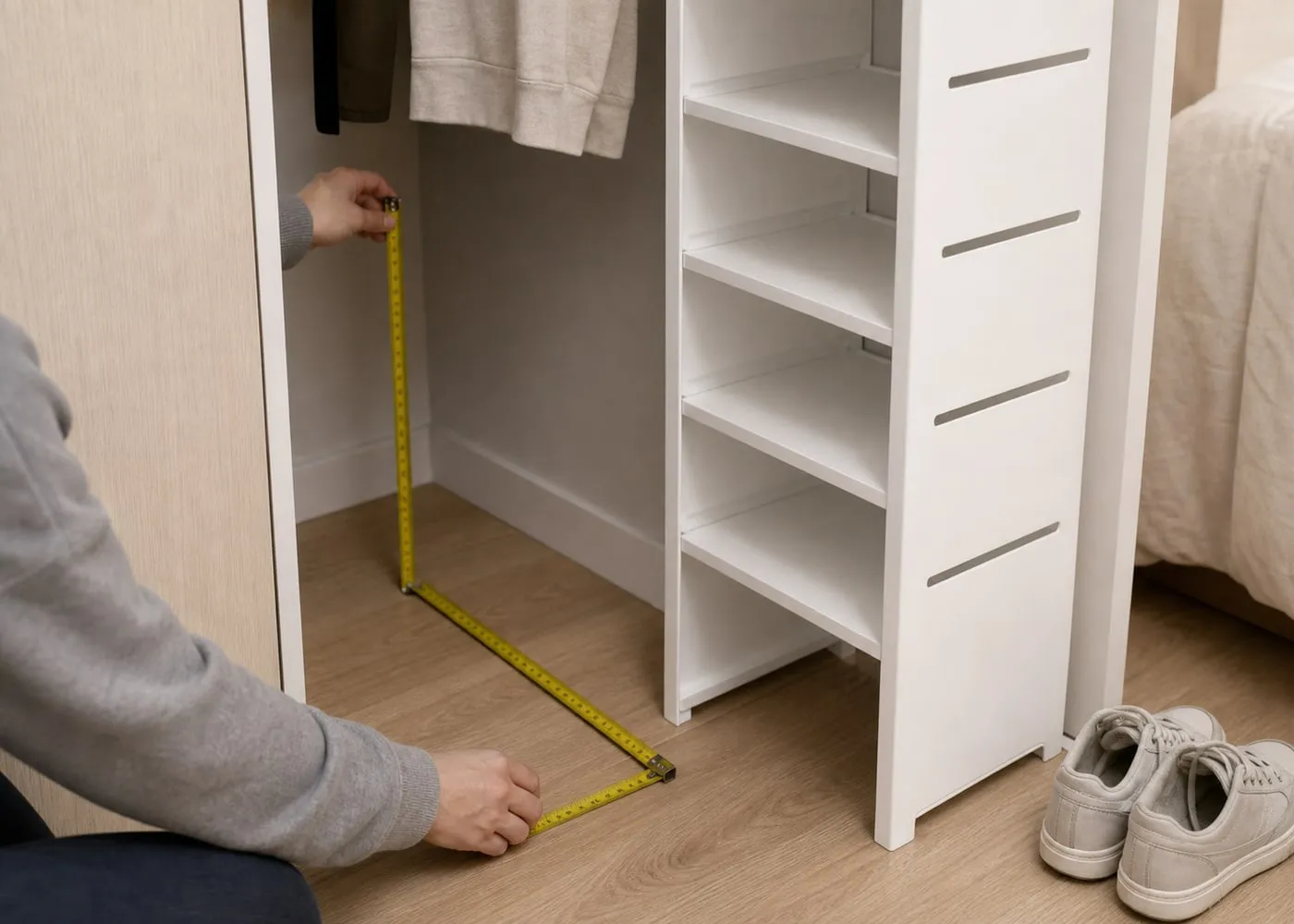 A tape measure checking a narrow closet floor gap with a white upright shoe rack and low-top shoes nearby