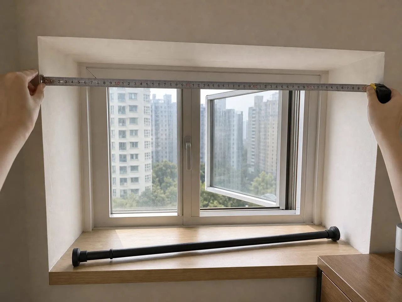 Measuring the inside width of a window recess before setting a tension rod