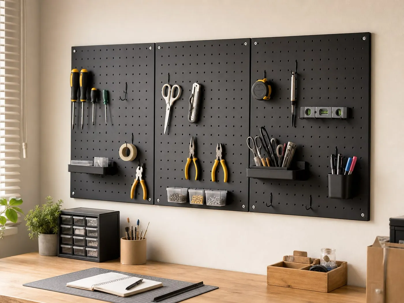 A black metal pegboard mounted with screws above a small workbench with light tools distributed across hooks