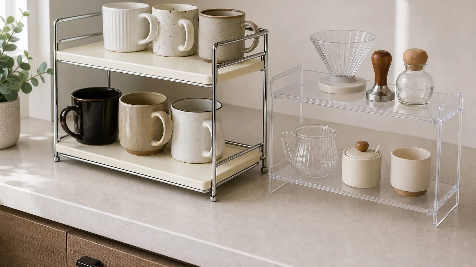 Metal two-tier cup shelf rack compared with a clear acrylic two-tier display shelf on a kitchen counter
