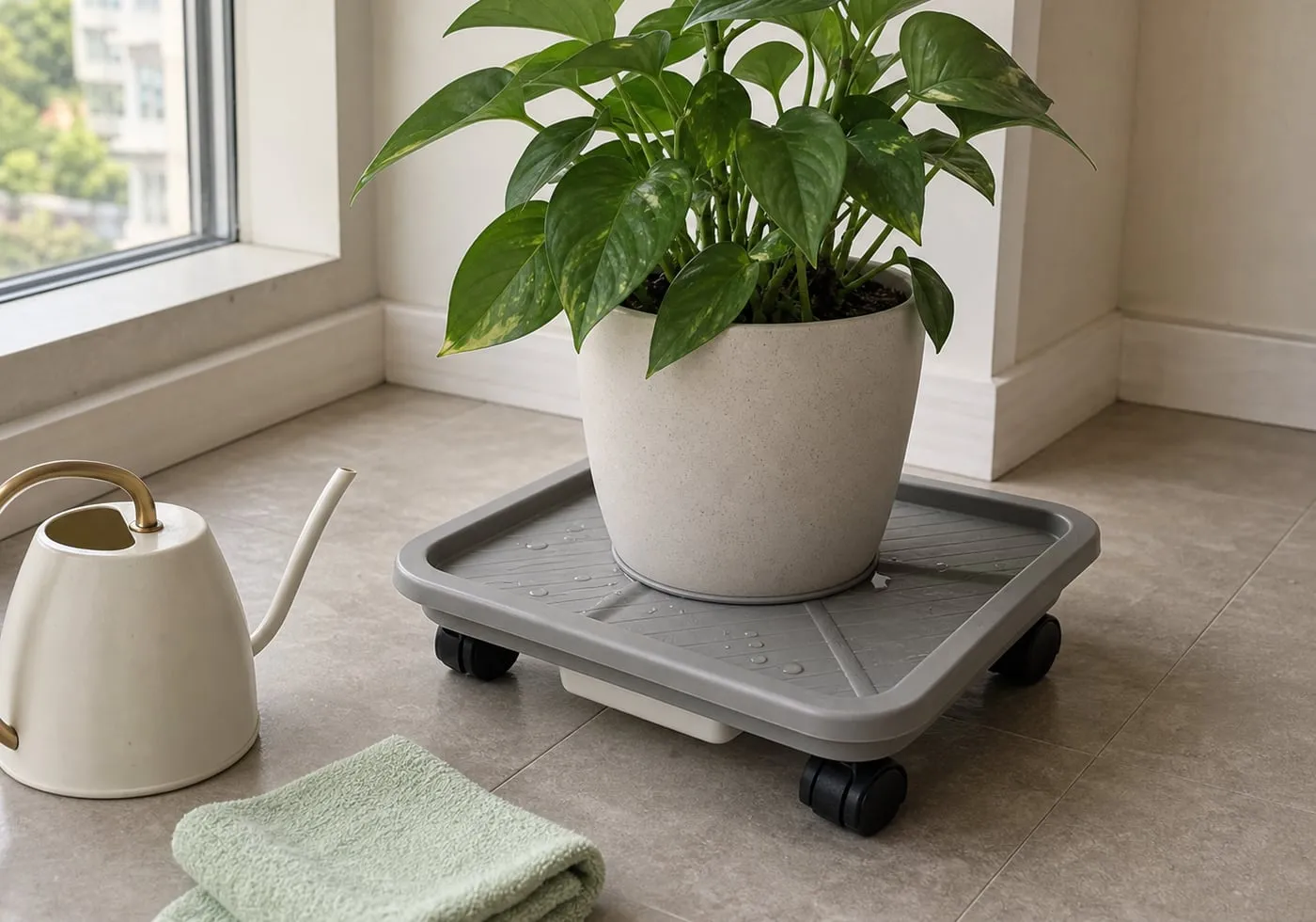 A gray square rolling plant tray holding a modest potted plant, with a small watering can and folded cloth beside it
