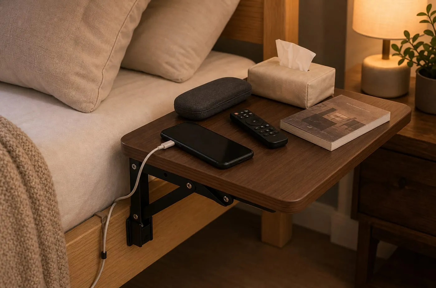 A clip-on bedside shelf with a centered modest load: phone, glasses case, remote, tissues, thin paperback, and a loose charging cable