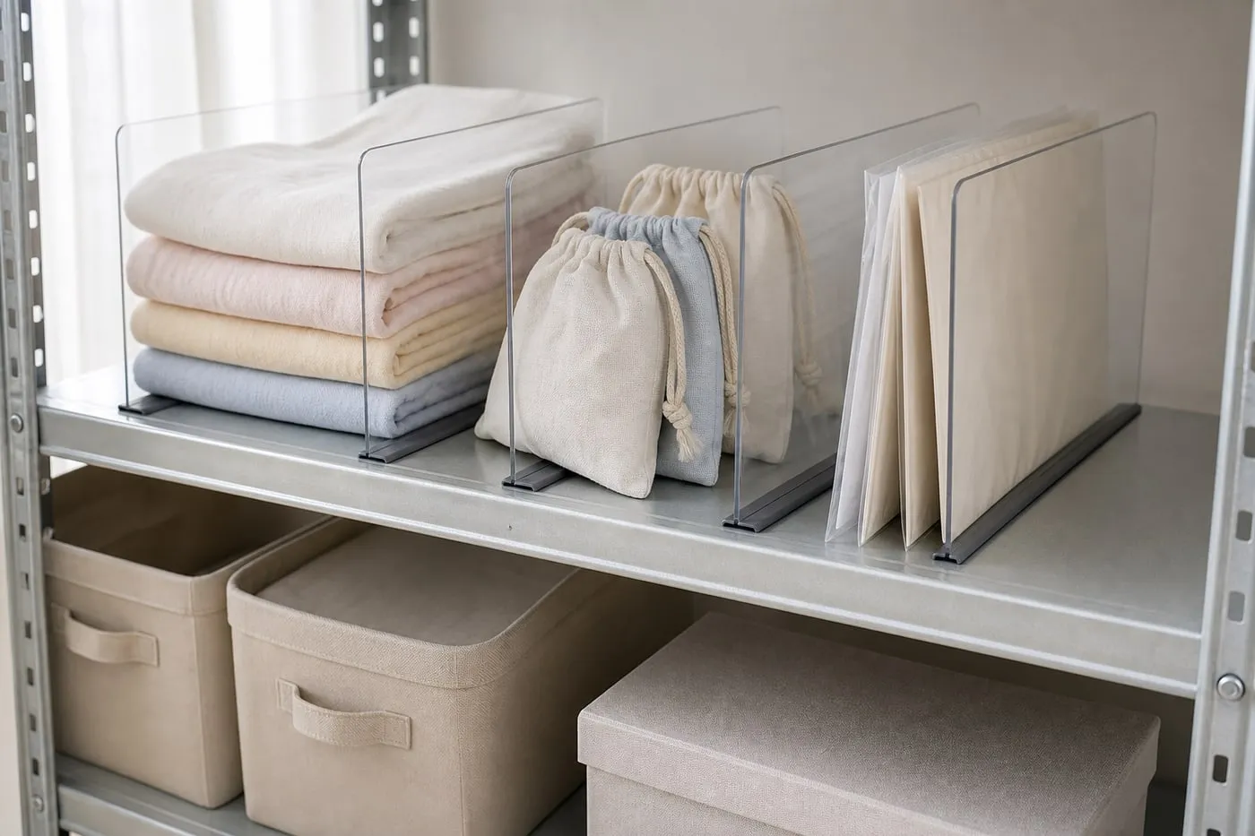 Transparent magnetic dividers used only with light folded cloths and pouches on a metal storage shelf