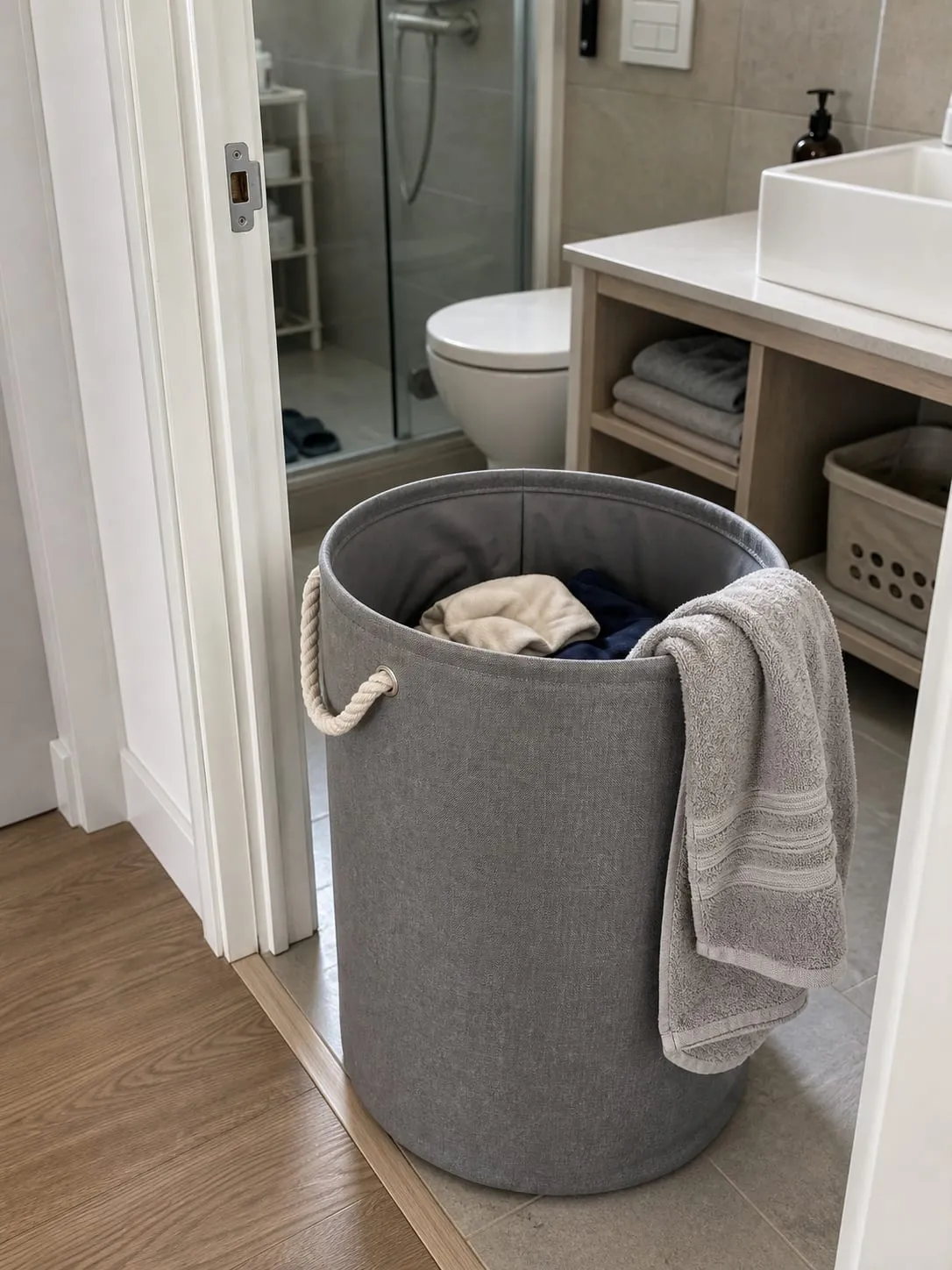 A damp towel draped over the rim of an open laundry hamper