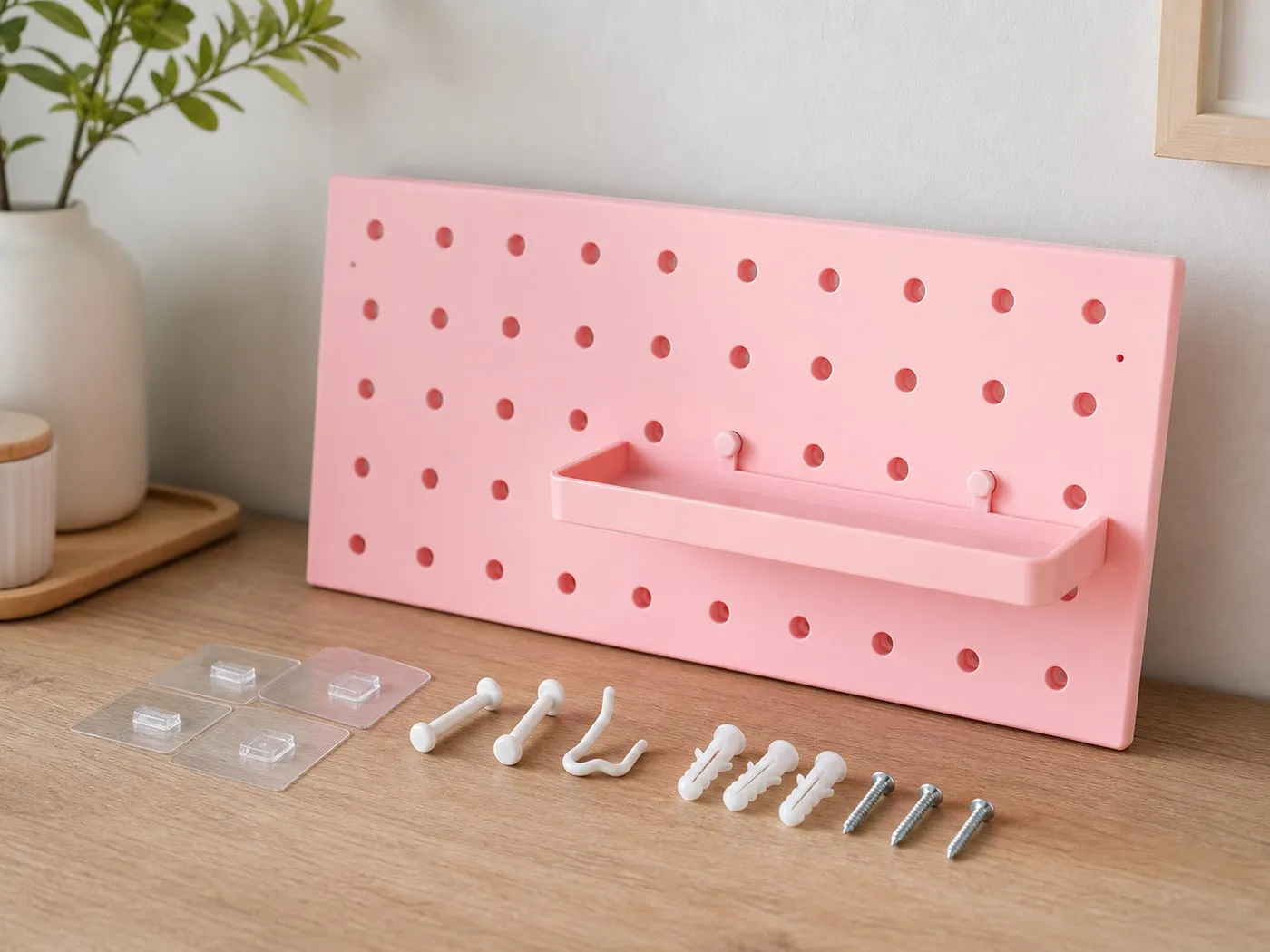A pink pegboard panel on a desk with adhesive pads, pegs, screws, and anchors laid out as mounting options