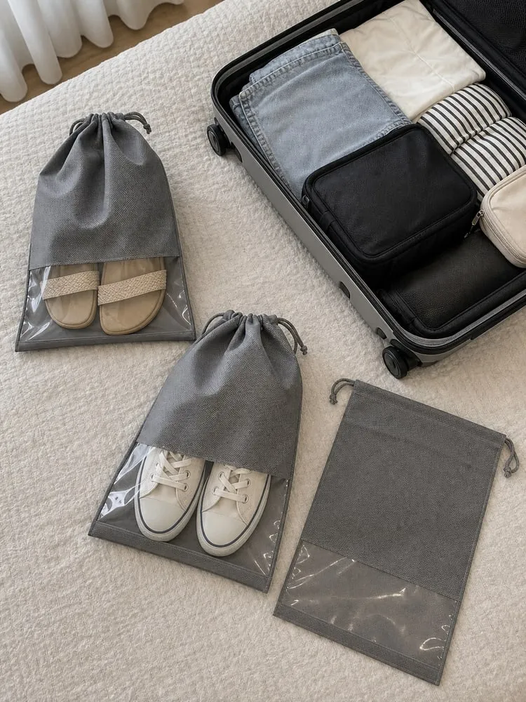 Several grey drawstring shoe bags laid beside an open suitcase, with one empty bag folded flat