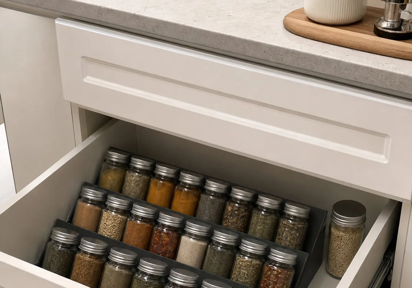 A low kitchen drawer where short spice jars fit in the organizer while a taller bottle is kept aside