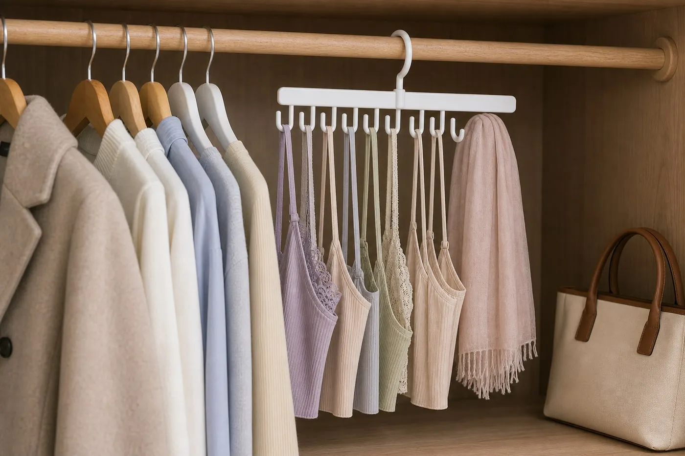 A white plastic closet hook hanger carrying only light straps and scarves while a coat and a large bag sit separately in the closet