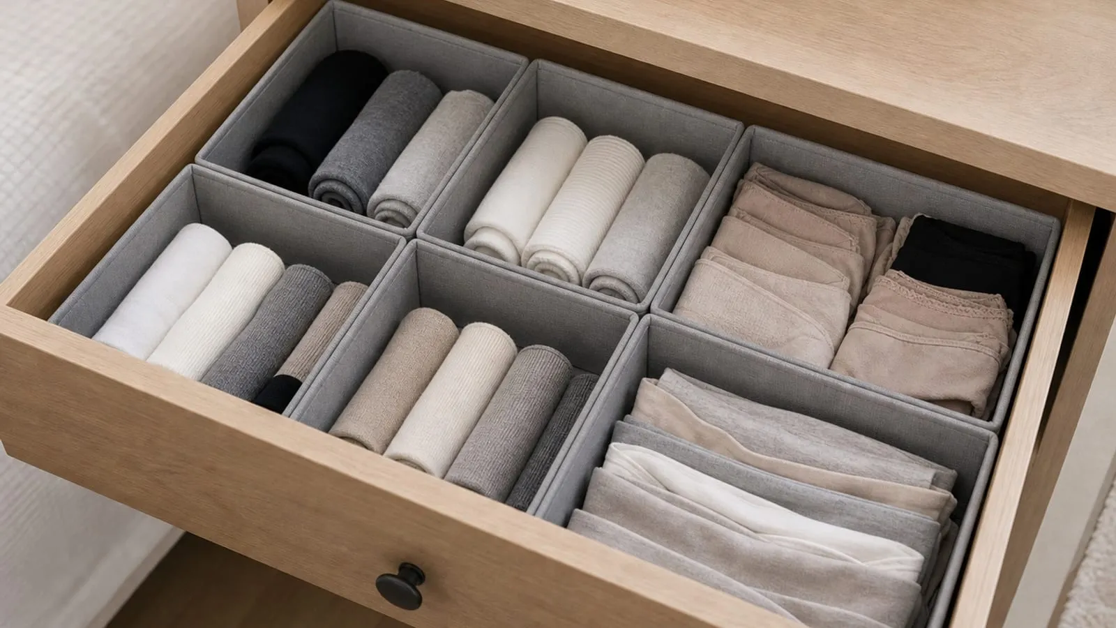 Open drawer with gray fabric organizers filled loosely with visible gaps between garments
