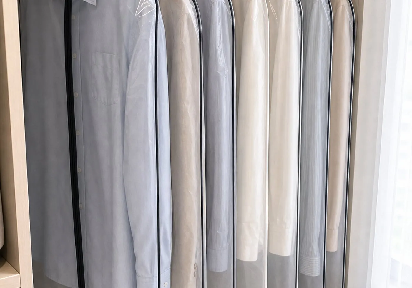 A closet rod with several transparent garment covers, each holding a single shirt or light jacket