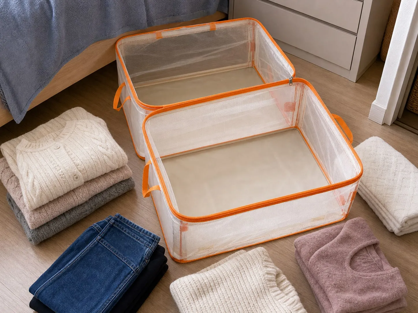 Open transparent zipper storage bag on a bedroom floor with folded sweaters and seasonal clothes ready to load