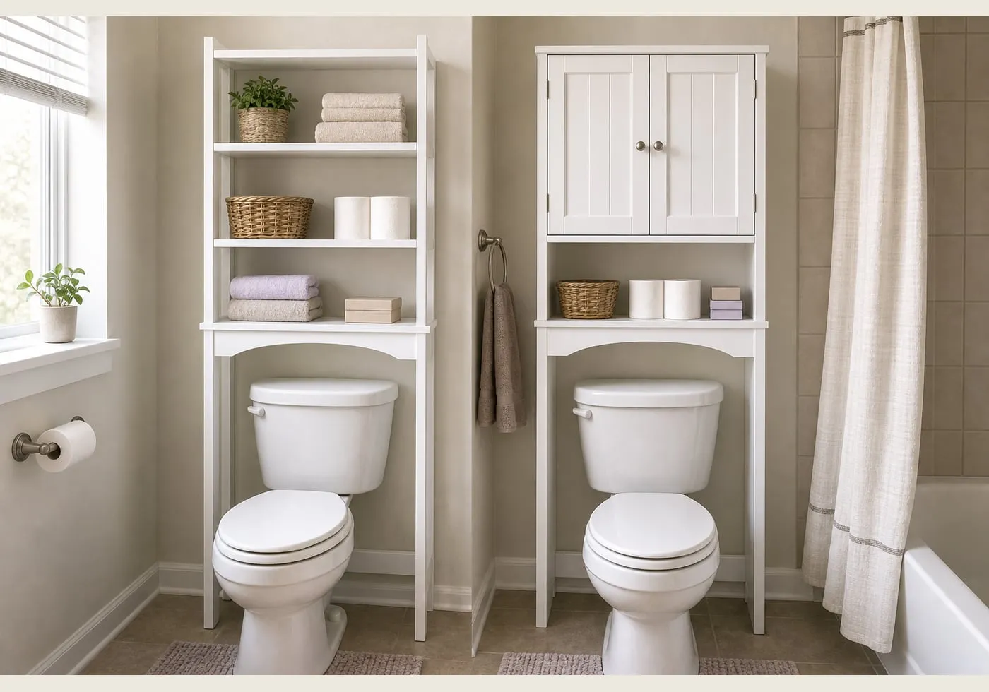Two white over-toilet storage styles in a compact bathroom, one more open and one with upper cabinet doors