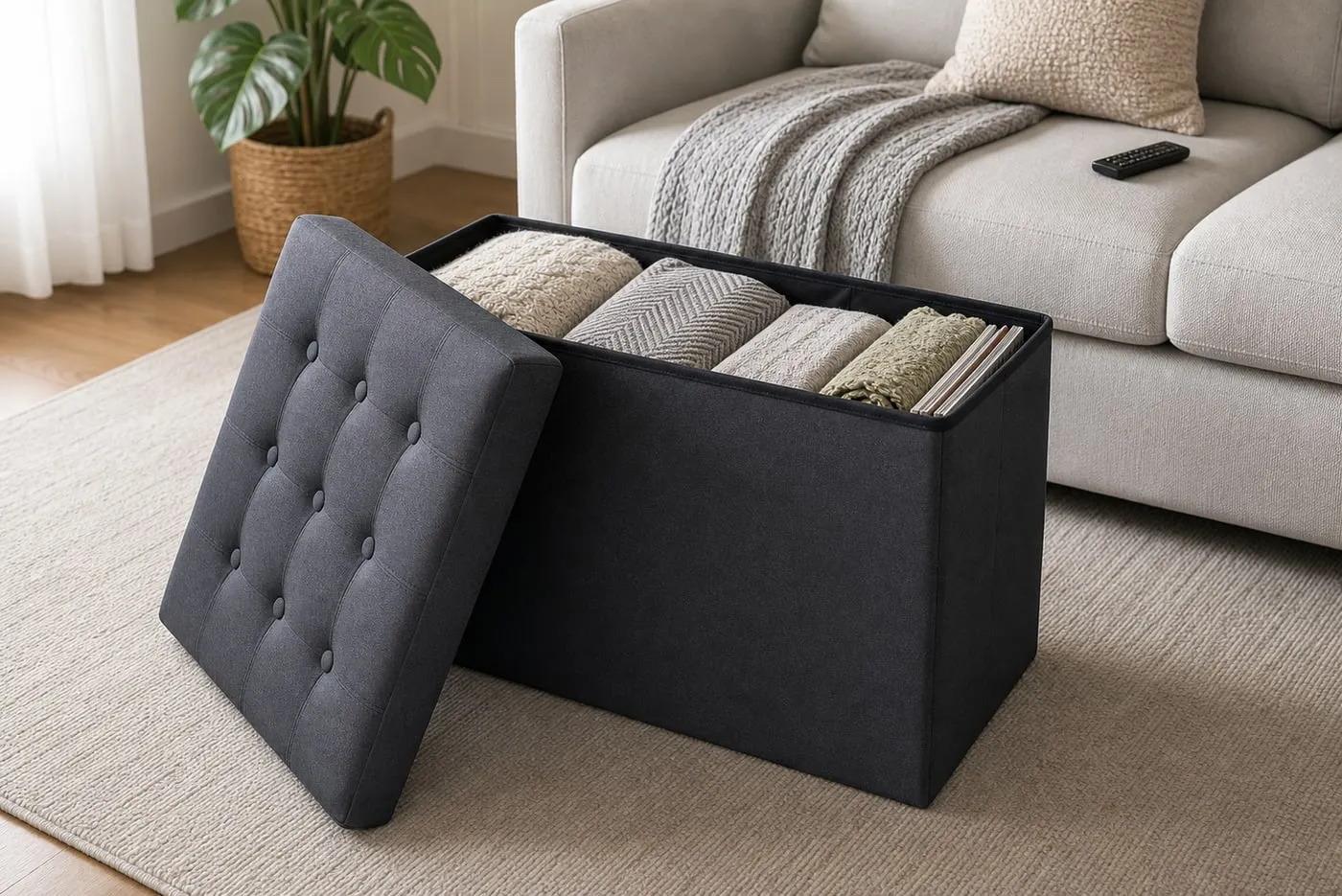 The lid of a dark gray folding storage ottoman leaning beside the open box, with folded throws, cushion covers, and magazines inside