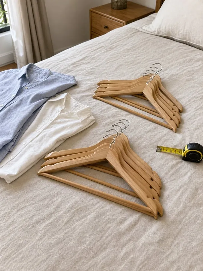 Several natural wood hangers laid on a bed beside two shirts and a tape measure for quantity and size checking