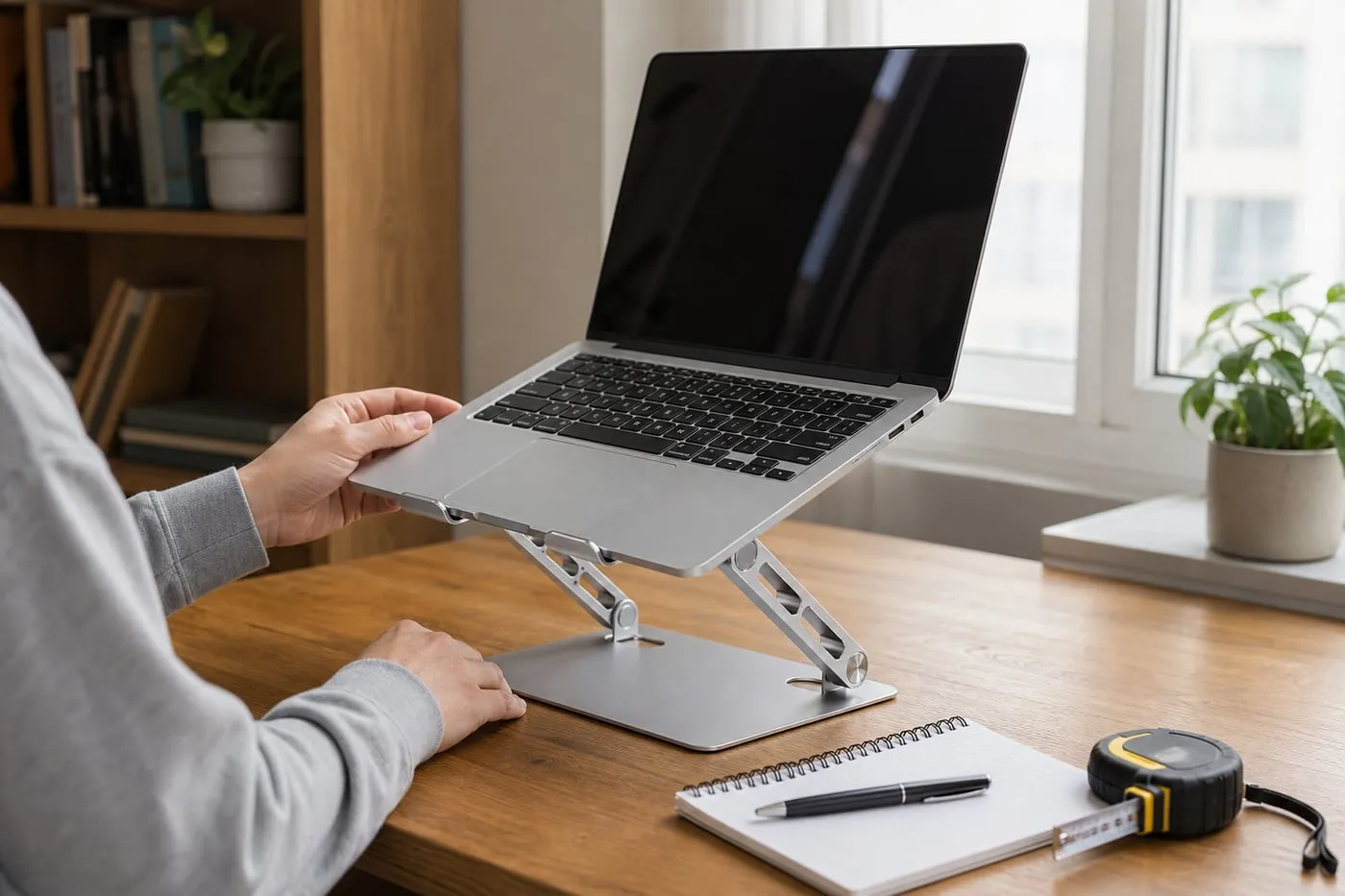 Checking laptop size and desk depth before using the stand